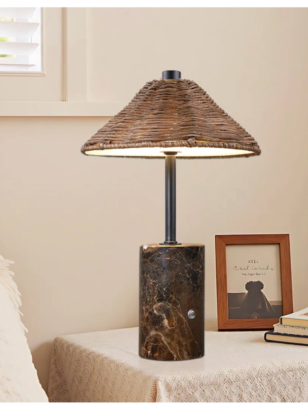 Bay Isle Home Brown Woven Shade Marble Base Table Lamp